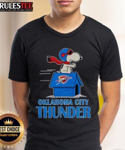 Alt Text: Cute Oklahoma City Thunder NBA Basketball Snoopy House 2025 T-Shirt featuring a fun design for fans.