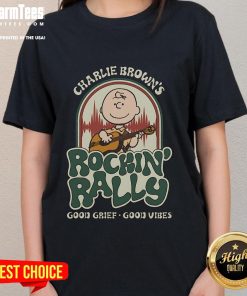 Cute Peanuts Charlie Brown's Rockin Rally Good Grief Good Vibes Ladies Tee featuring vibrant graphics and a relaxed fit.