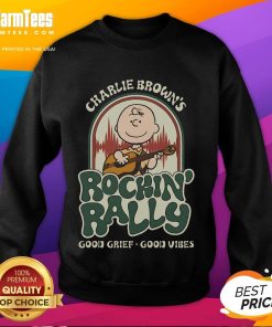 Alt Text: Cute Peanuts Charlie Brown's Rockin Rally Good Grief Good Vibes sweatshirt in vibrant colors, perfect for fans.