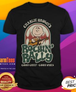 Alt Text: Cute Peanuts Charlie Brown Rockin' Rally Good Grief Good Vibes T-Shirt featuring iconic characters and vibrant design.