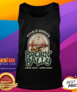 Adorable 'Cute Peanuts Charlie Brown's Rockin Rally Good Grief Good Vibes' tank top featuring vibrant graphics and cheerful design.