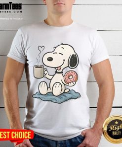 Adorable Cute Peanuts Donut Coffee Snoopy T-Shirt featuring colorful graphics of Snoopy enjoying a donut and coffee.