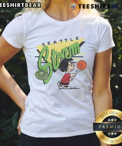 Alt Text: Cute Peanuts Marcie x Seattle Storm ladies tee featuring vibrant graphics and a stylish design for fans.