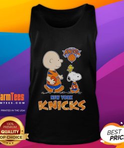 Alt Text: Cute Peanuts New York Knicks tank top featuring Charlie Brown in Knicks colors, perfect for basketball fans.
