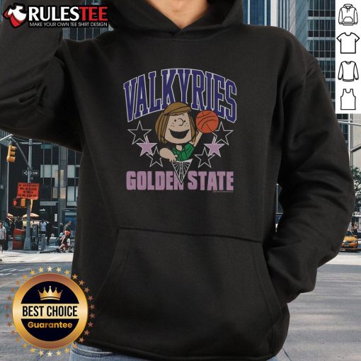 Alt Text: Cute Peanuts Peppermint Patty X Golden State Valkyries hoodie featuring vibrant colors and playful design.
