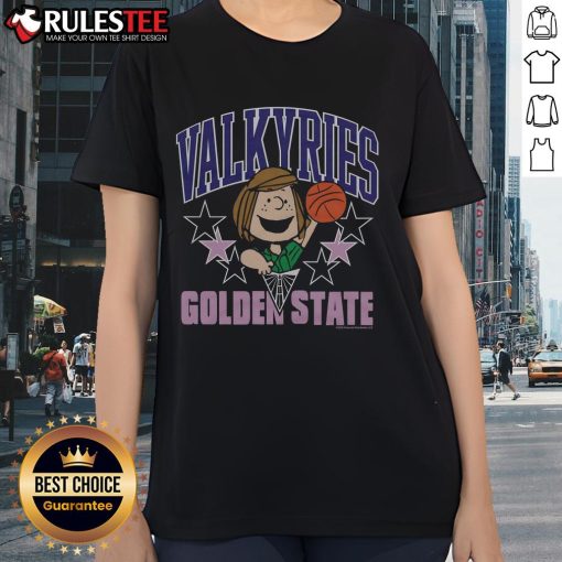 Alt Text: Cute Peanuts Peppermint Patty X Golden State Valkyries ladies tee featuring vibrant graphics and a stylish design.