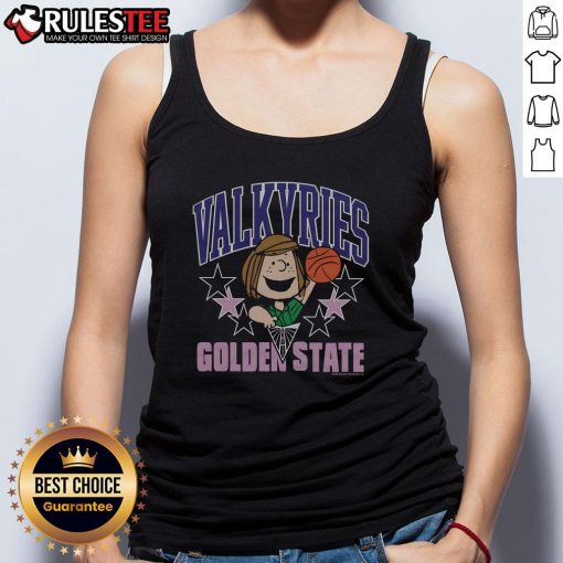 Cute Peanuts Peppermint Patty X Golden State Valkyries tank top featuring vibrant designs and playful graphics.