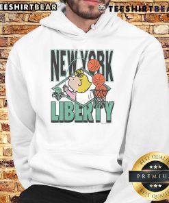 Cute Peanuts Sally x New York Liberty hoodie featuring vibrant colors and playful design for fans and collectors.