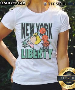 Cute Peanuts Sally x New York Liberty ladies tee featuring vibrant graphics and a stylish design for fans.