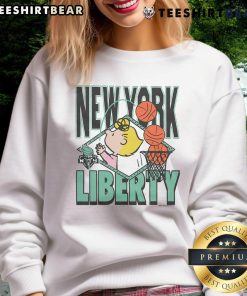 Cute Peanuts Sally x New York Liberty sweatshirt featuring vibrant colors and playful design for stylish fans.