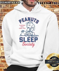 Alt Text: Cute Peanuts Snoopy hoodie from Sleep Society, promoting sleeping well since 1950 with adorable cartoon design.