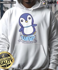 Alt Text: Cute penguin standing on an ice floe wearing a cozy hoodie, perfect for winter fashion lovers and penguin enthusiasts.