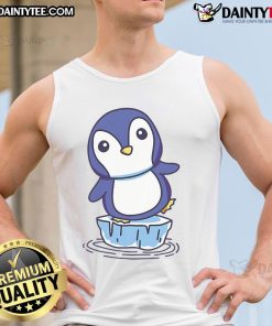 Cute penguin standing on an ice floe, featured on a stylish tank top design for nature and animal lovers.