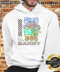 Child wearing a Cute Poppy Playtime Barry Cart hoodie, joyfully playing in a colorful outdoor setting.