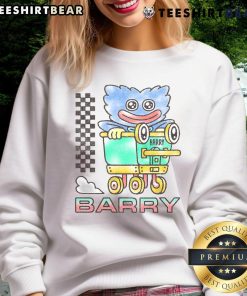 Alt Text: Cute Poppy Playtime Barry Cart sweatshirt featuring vibrant colors and playful design for fans and gamers.