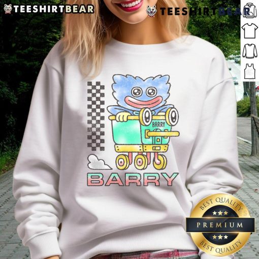 Alt Text: Cute Poppy Playtime Barry Cart sweatshirt featuring vibrant colors and playful design for fans and gamers.