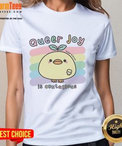 Cute Queer Joy is Contagious Sugar and Sloth ladies tee featuring vibrant colors and playful design, perfect for pride.