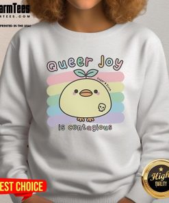 Cute queer joy is contagious sweatshirt from Sugar and Sloth, featuring vibrant colors and playful design.