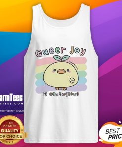 Cute queer joy is contagious tank top from Sugar and Sloth, featuring vibrant colors and playful design for pride wear.