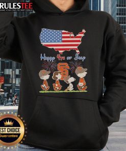 Alt Text: Cute San Francisco Giants hoodie with Snoopy and friends celebrating 4th of July with American flag design.