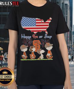 Alt Text: Cute San Francisco Giants tee featuring Snoopy and friends celebrating 4th of July with an American flag design.