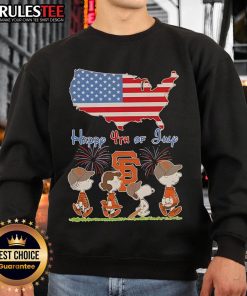 Alt Text: Cute San Francisco Giants sweatshirt featuring Snoopy and friends celebrating the 4th of July with an American flag design.
