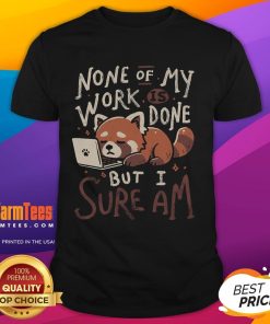Alt Text: Cute sleepy red panda on a t-shirt with the phrase None of my work is done but I sure am for relaxed vibes.