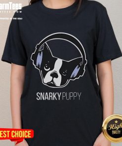 Cute snarky puppy dog logo on a ladies tee, perfect for dog lovers and casual wear enthusiasts.