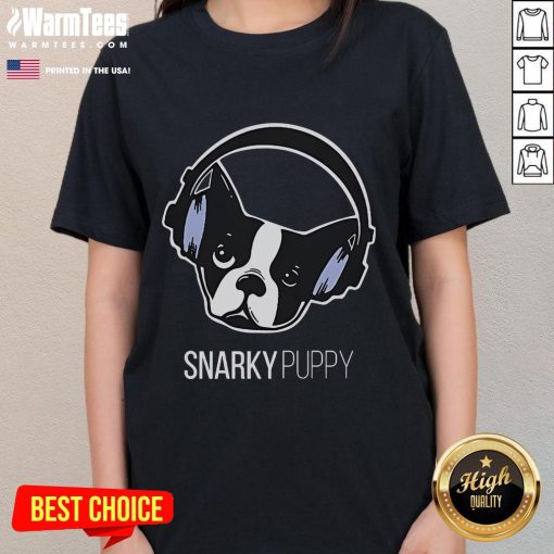 Cute snarky puppy dog logo on a ladies tee, perfect for dog lovers and casual wear enthusiasts.