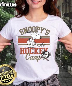 Cute Snoopy Anaheim Ducks Snoopy's Camp ladies tee featuring a playful Snoopy design perfect for fans.