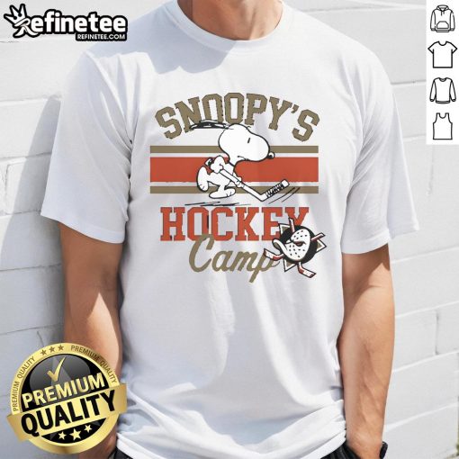 Alt Text: Cute Snoopy Anaheim Ducks Snoopy's Camp T-Shirt featuring Snoopy in a Ducks jersey, perfect for fans and collectors.