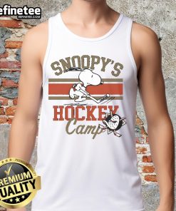 Alt Text: Cute Snoopy Anaheim Ducks tank top featuring Snoopy at Snoopy's Camp, perfect for fans and summer wear.