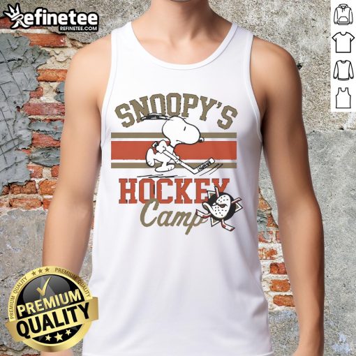 Alt Text: Cute Snoopy Anaheim Ducks tank top featuring Snoopy at Snoopy's Camp, perfect for fans and summer wear.