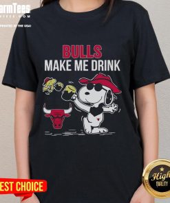 Cute Snoopy and Woodstock Chicago Bulls Make Me Drink ladies tee featuring fun graphic design and vibrant colors.