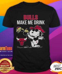 Cute Snoopy and Woodstock Chicago Bulls t-shirt design that says 'Make Me Drink', perfect for fans and casual wear.
