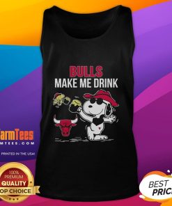 Alt Text: Cute Snoopy and Woodstock Chicago Bulls tank top design with 'Make Me Drink' text, perfect for sports fans.