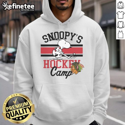 Alt Text: Cute Snoopy wearing a Chicago Blackhawks Snoopy's Camp hoodie, perfect for fans and cozy winter days.