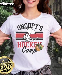 Alt Text: Cute Snoopy Chicago Blackhawks tee for ladies featuring Snoopy in a sporty design, perfect for game day wear.