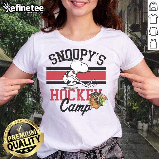 Alt Text: Cute Snoopy Chicago Blackhawks tee for ladies featuring Snoopy in a sporty design, perfect for game day wear.