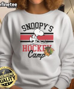 Alt Text: Cute Snoopy Chicago Blackhawks sweatshirt featuring Snoopy's Camp design, perfect for sports fans and cozy style.