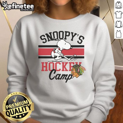 Alt Text: Cute Snoopy Chicago Blackhawks sweatshirt featuring Snoopy's Camp design, perfect for sports fans and cozy style.