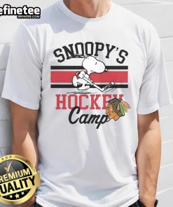 Alt Text: Cute Snoopy Chicago Blackhawks Camp T-Shirt featuring Snoopy in team colors, perfect for fans and casual wear.