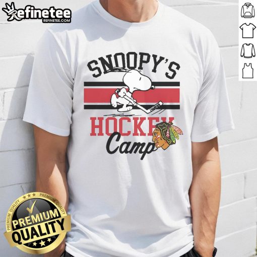 Alt Text: Cute Snoopy Chicago Blackhawks Camp T-Shirt featuring Snoopy in team colors, perfect for fans and casual wear.