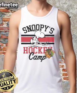 Alt Text: Cute Snoopy Chicago Blackhawks tank top featuring Snoopy's Camp design, perfect for sports fans and summer wear.