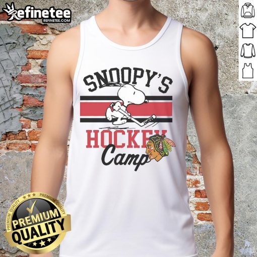 Alt Text: Cute Snoopy Chicago Blackhawks tank top featuring Snoopy's Camp design, perfect for sports fans and summer wear.