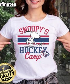 Alt Text: Cute Snoopy Columbus Blue Jackets tee for ladies featuring Snoopy at camp, perfect for sports fans and casual wear.