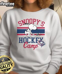 Cute Snoopy Columbus Blue Jackets Camp Sweatshirt featuring Snoopy in team colors, perfect for fans and cozy wear.