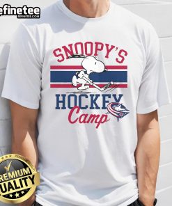 Alt Text: Cute Snoopy Columbus Blue Jackets T-shirt featuring Snoopy in team colors, perfect for fans and collectors.