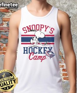 Alt Text: Cute Snoopy Columbus Blue Jackets tank top featuring Snoopy at camp, perfect for fans and summer wear.