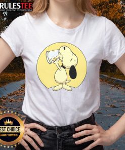 Cute Snoopy drinking beer on a ladies tee, perfect for casual outings and Peanuts fans.